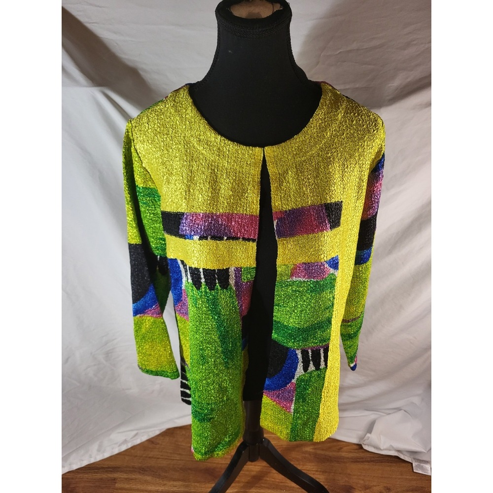 Berek Womens Size L Cardigan Open Front Crinkle Yellow Colorful Geometric Artsy